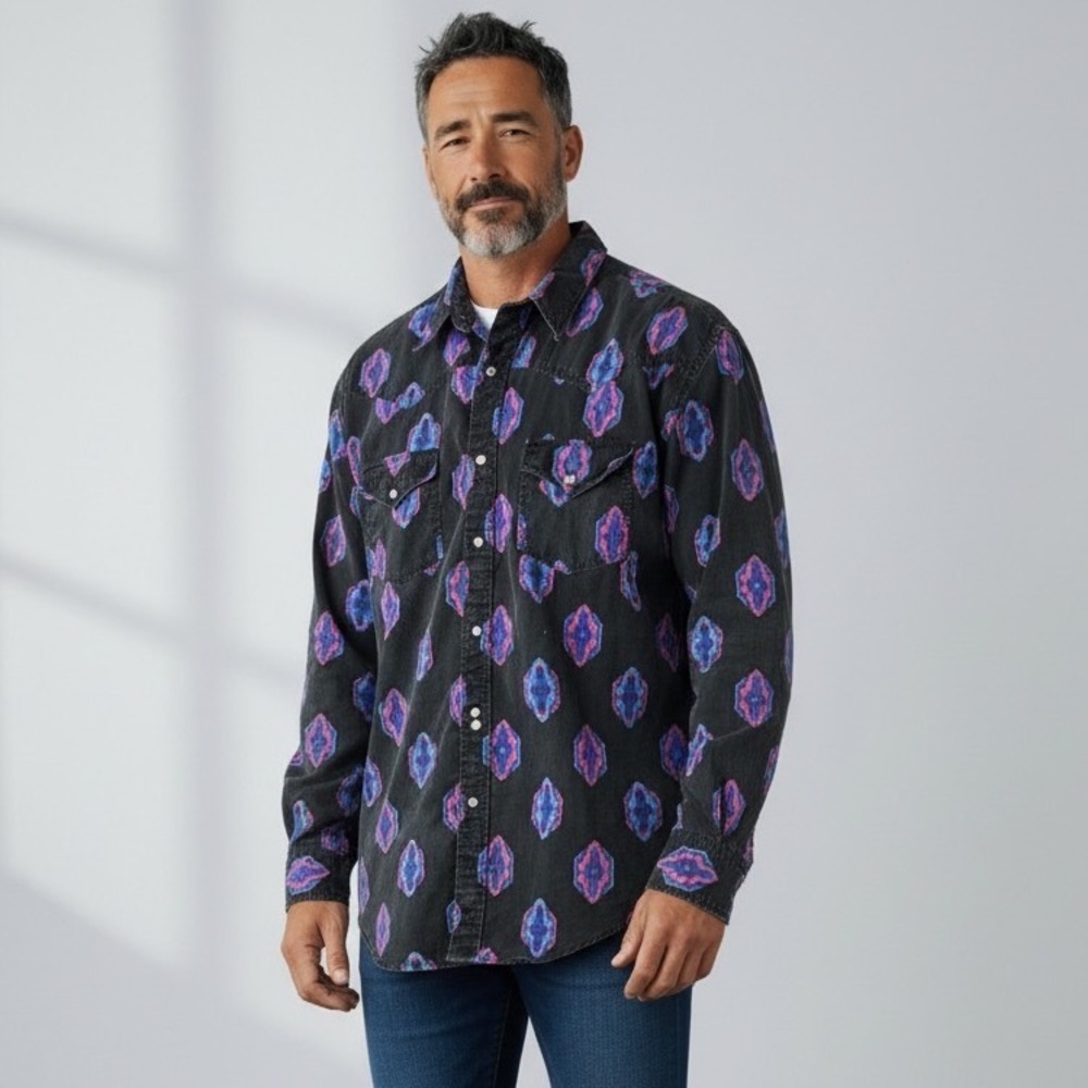Legacy Mens Western Button Down Shirt Black Geometric Diamond Print Cotton L